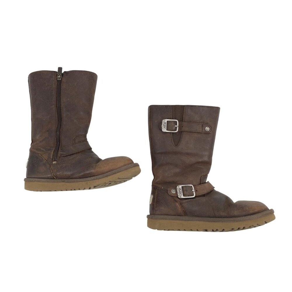 UGG Australia Kids 2 Kensington Brown Leather Mid-Calf Boots Shearling Lined - Picture 3 of 10
